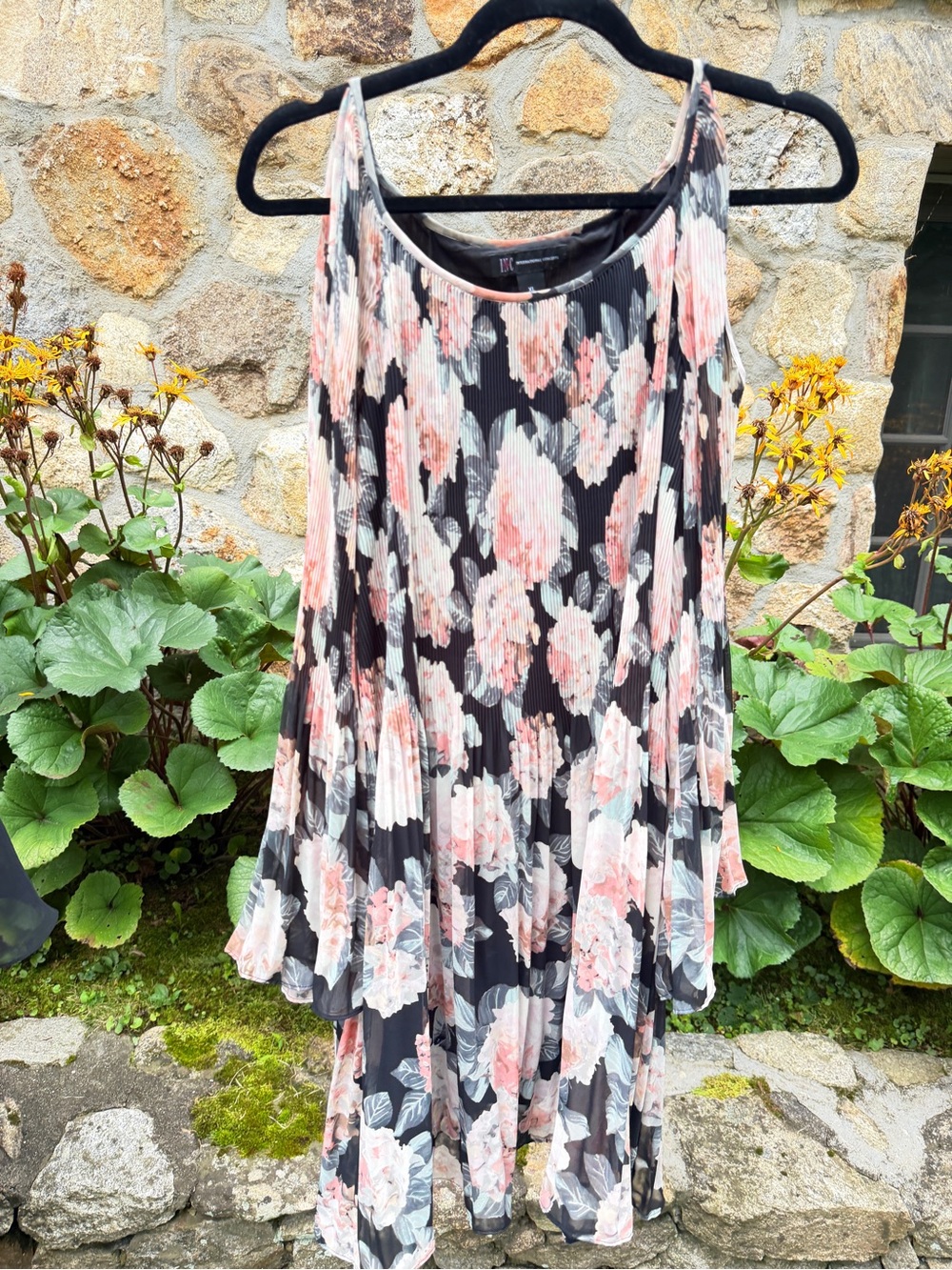 INC International Concepts Floral Pleated Midi Dress in Black, Pink and Cream